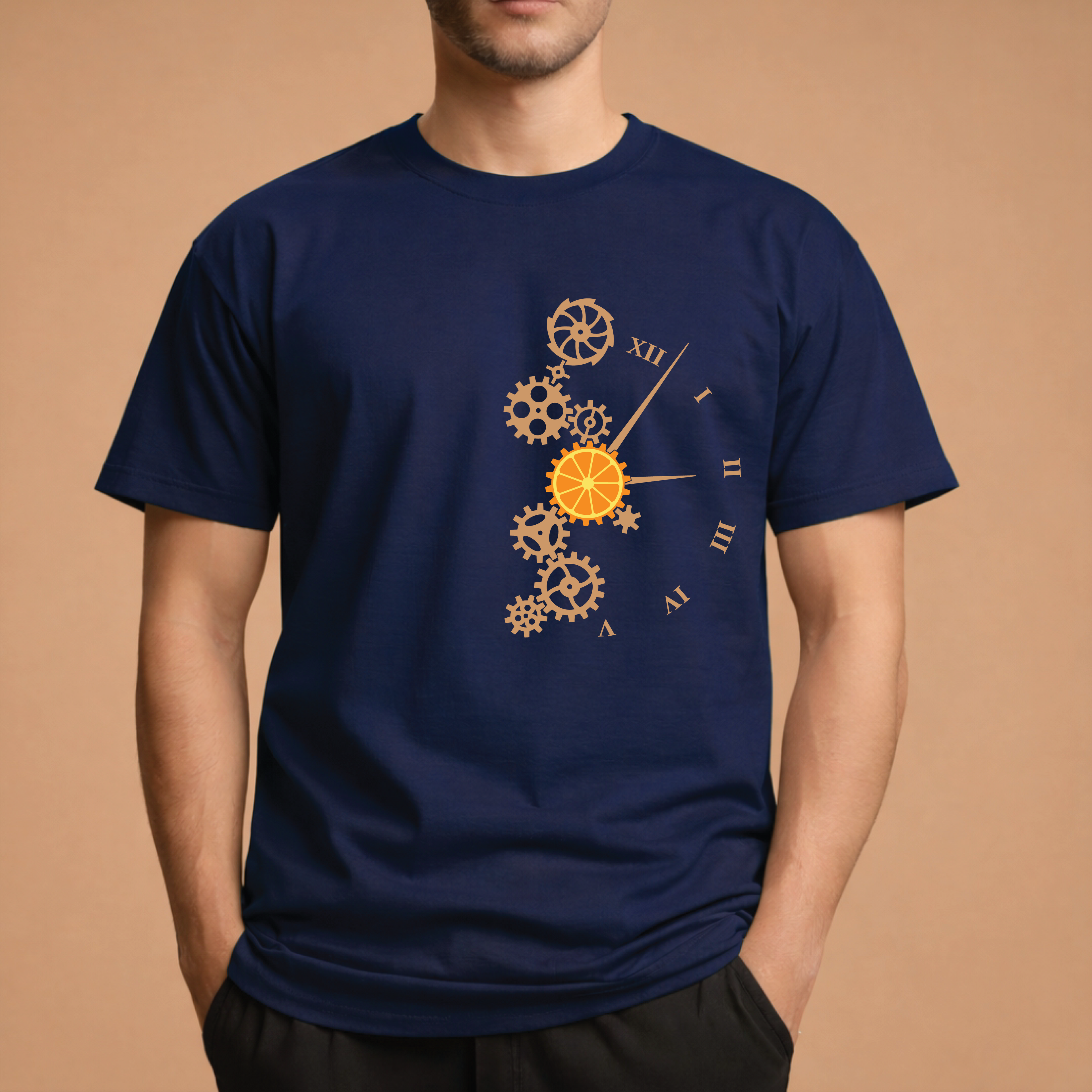 Half Sleeve t-shirt print Orange Clock