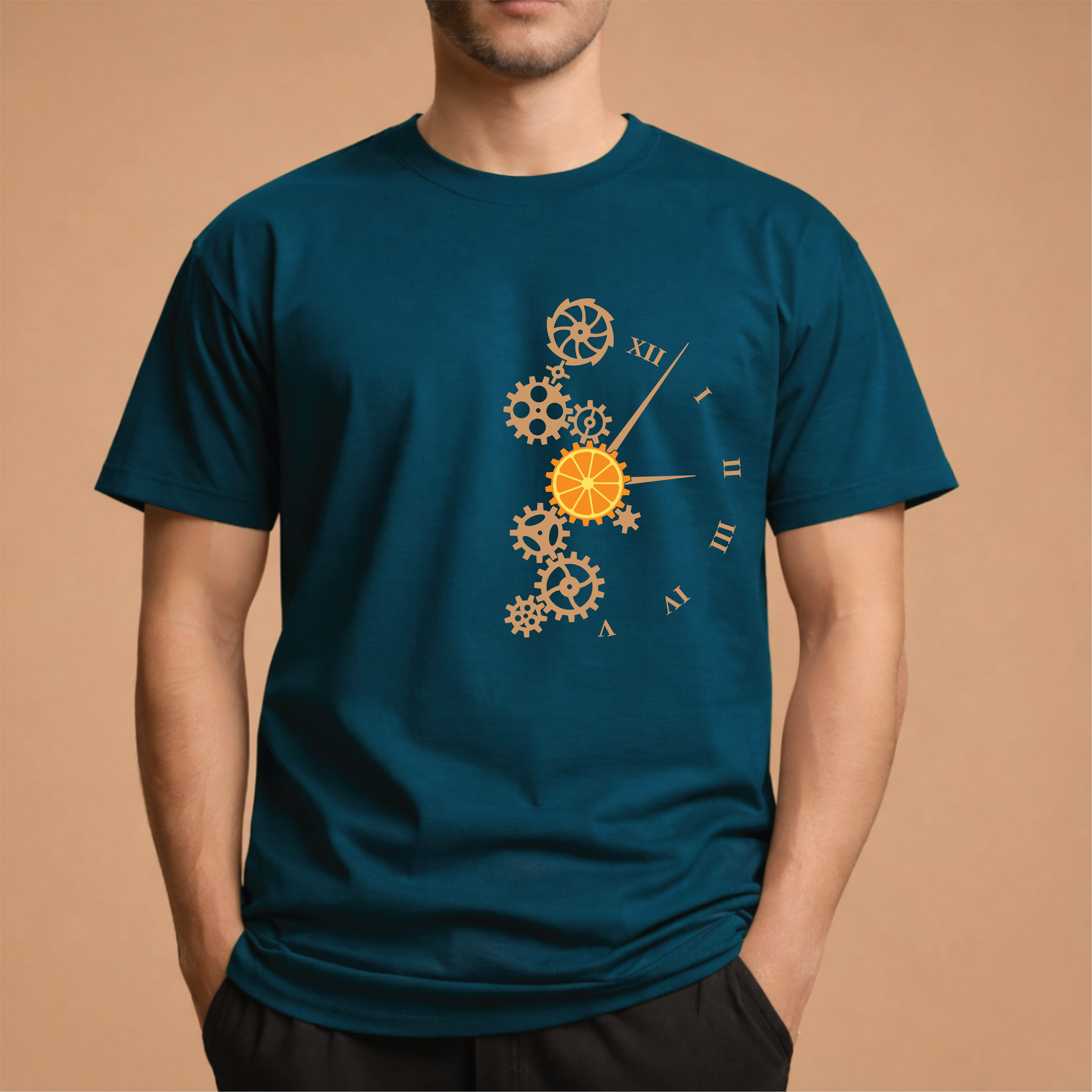 Half Sleeve t-shirt print Orange Clock