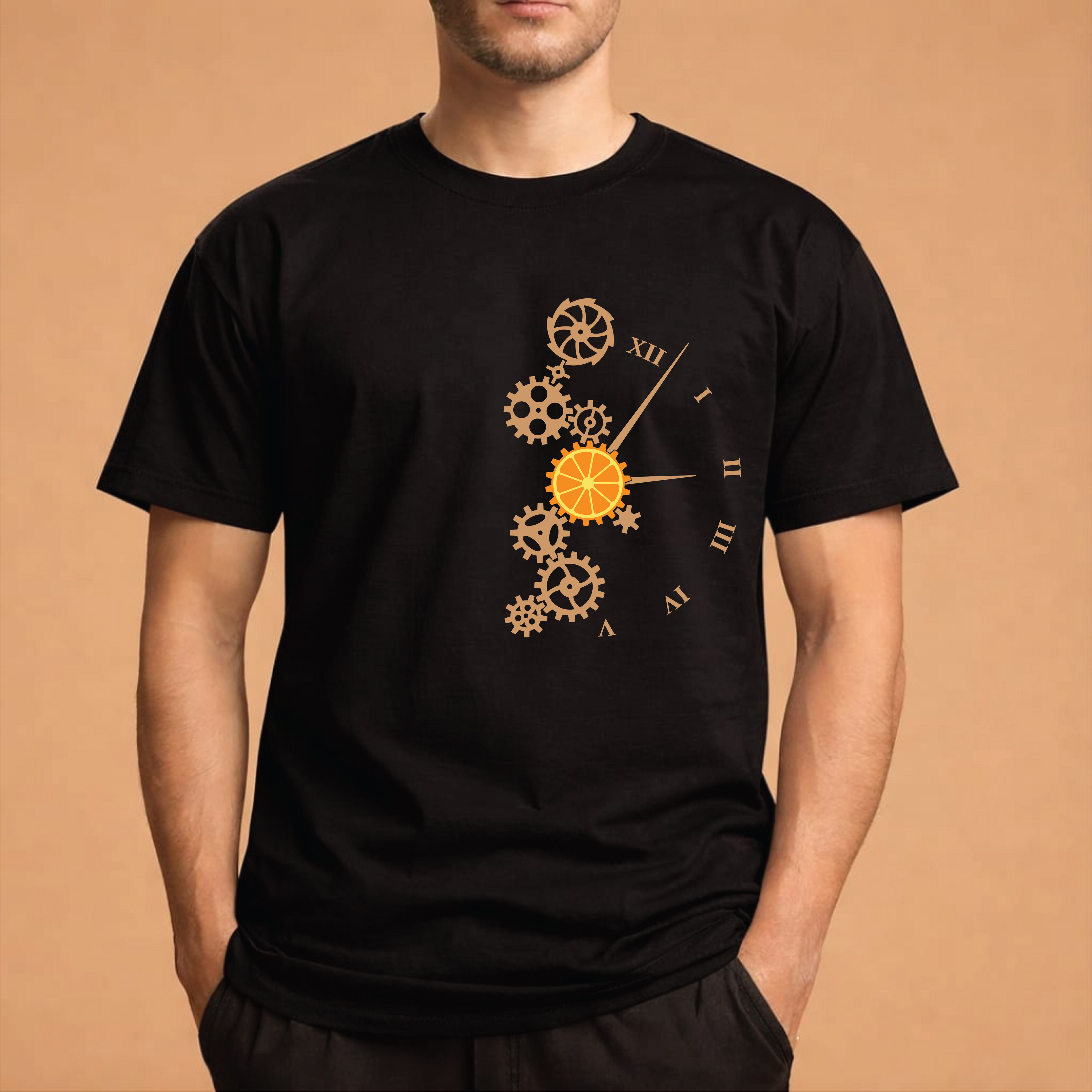 Half Sleeve t-shirt print Orange Clock