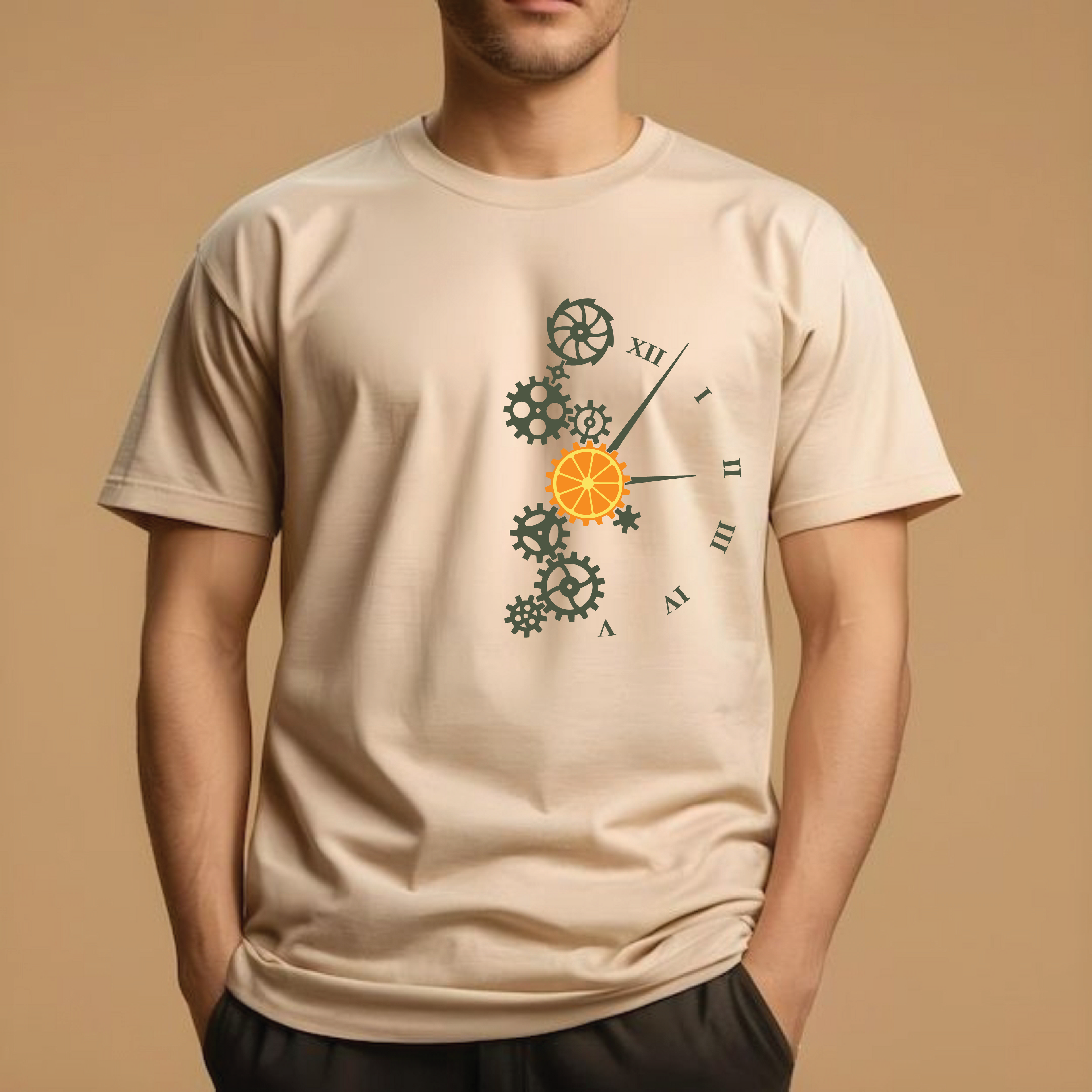 Half Sleeve t-shirt print Orange Clock