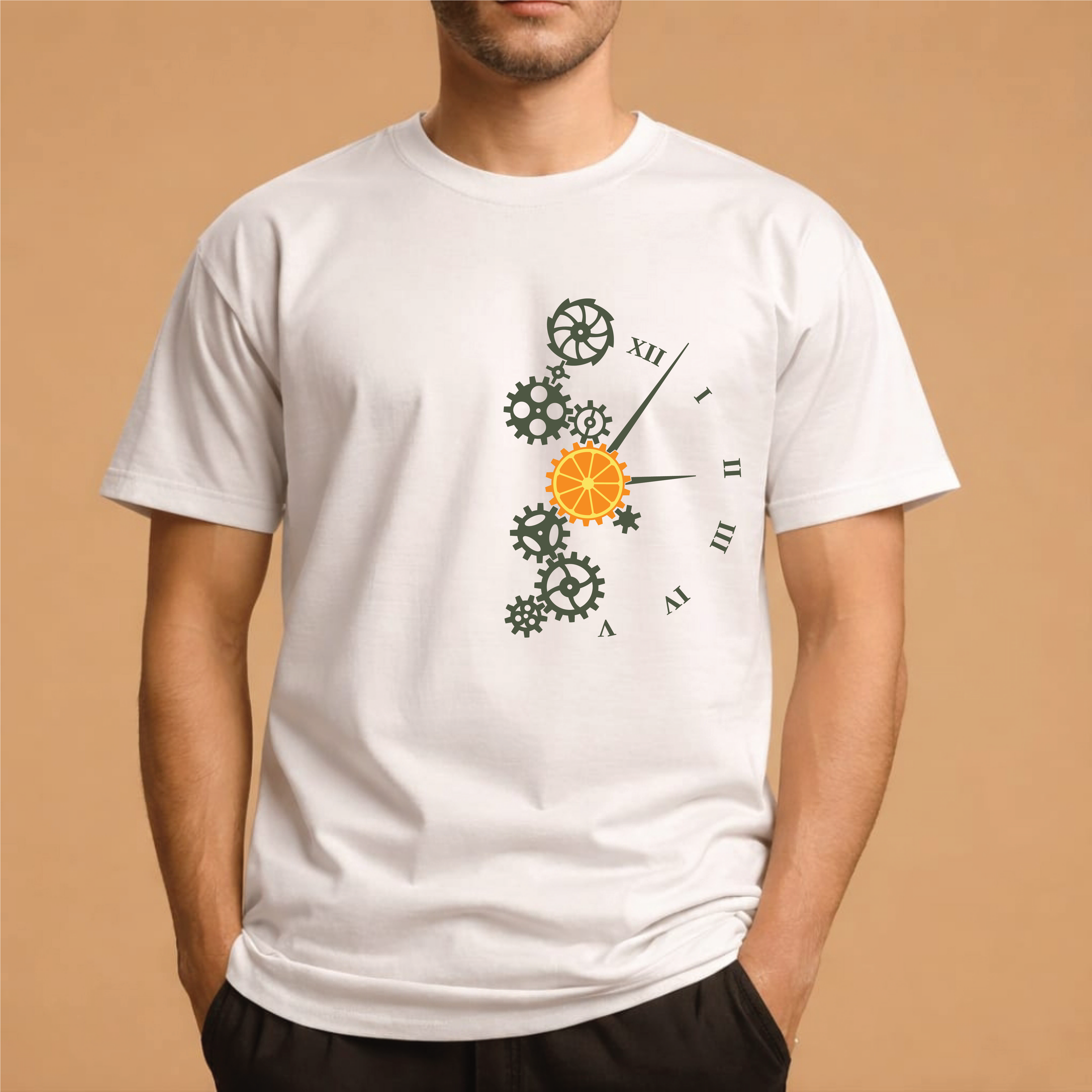 Half Sleeve t-shirt print Orange Clock