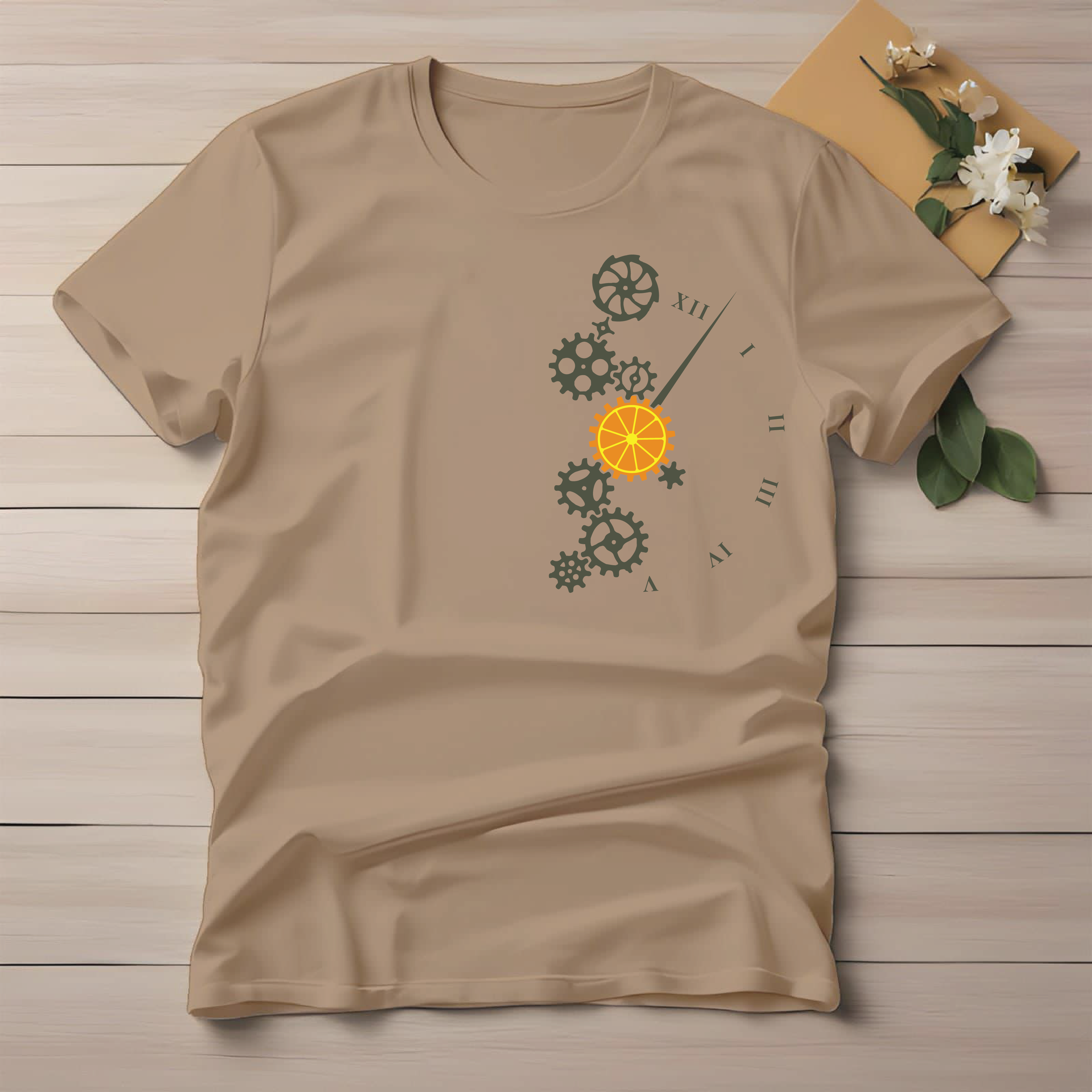 Half Sleeve t-shirt print Orange Clock